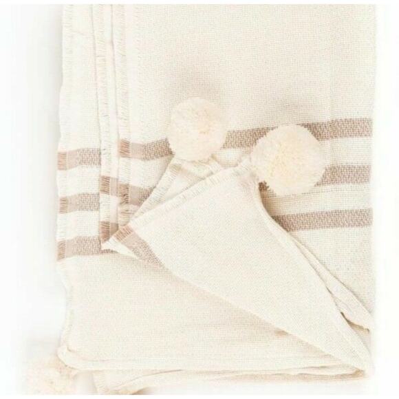 Imani Collective Artisan Stripe Pom Throw Blanket Cotton Cream Tan Minimalist - Picture 2 of 2